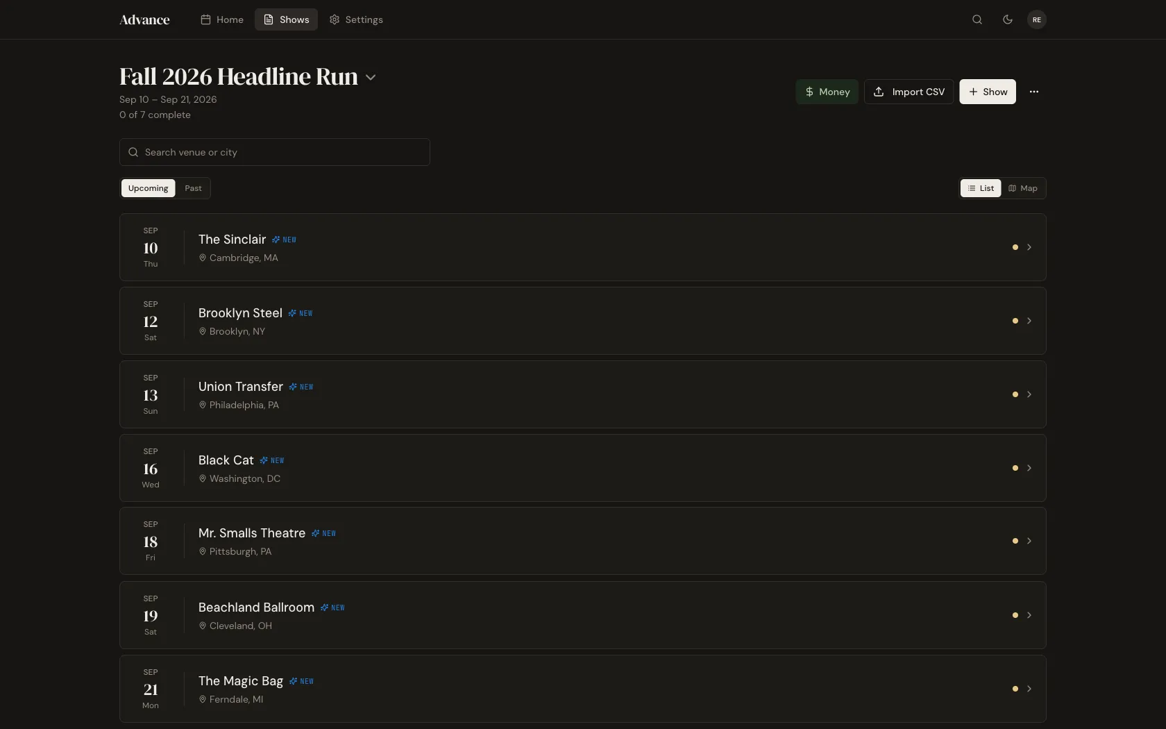 The imported run grouped as a tour, every show flagged New and not yet advanced
