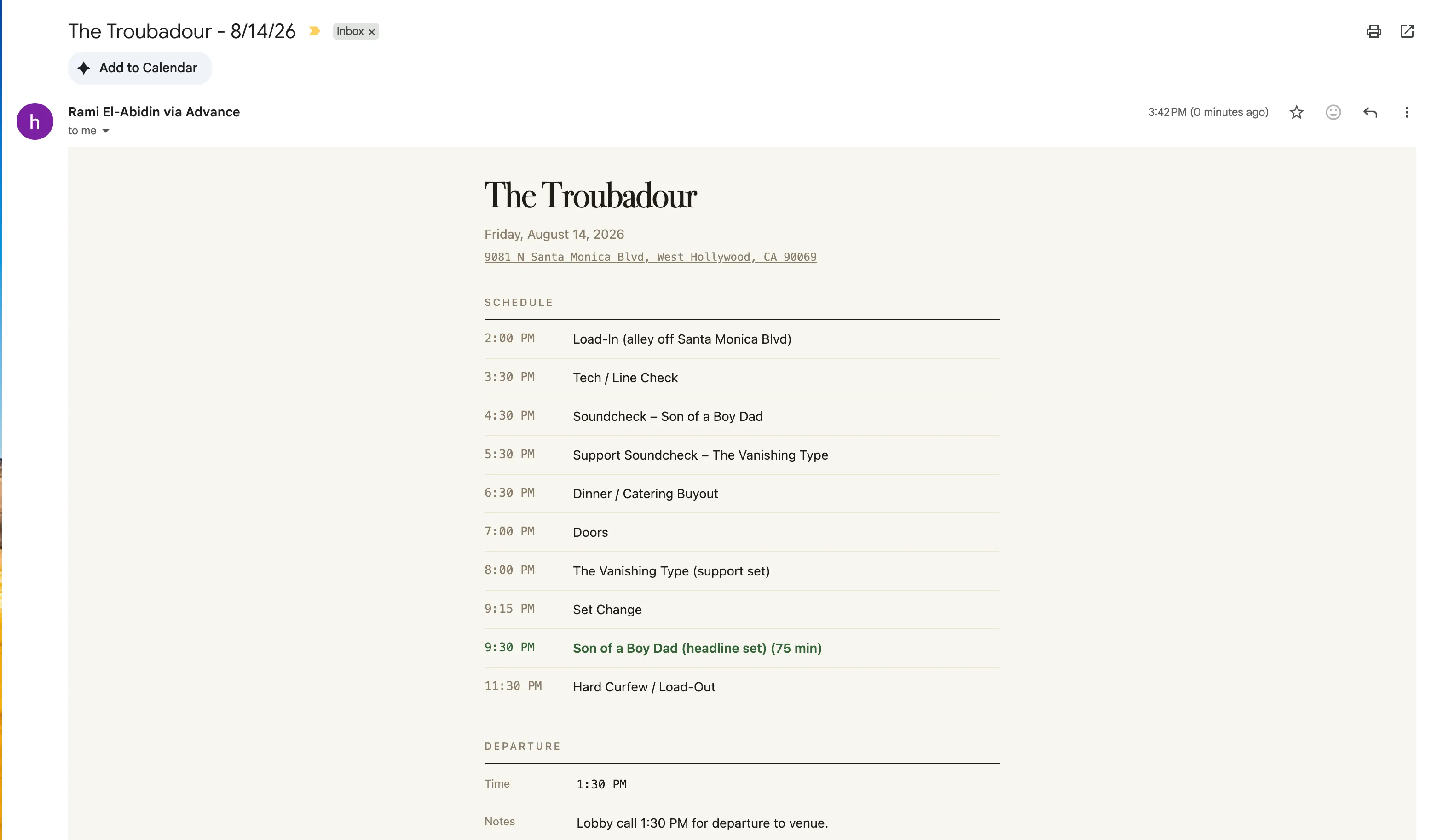 The HTML email day sheet, styled to match the app