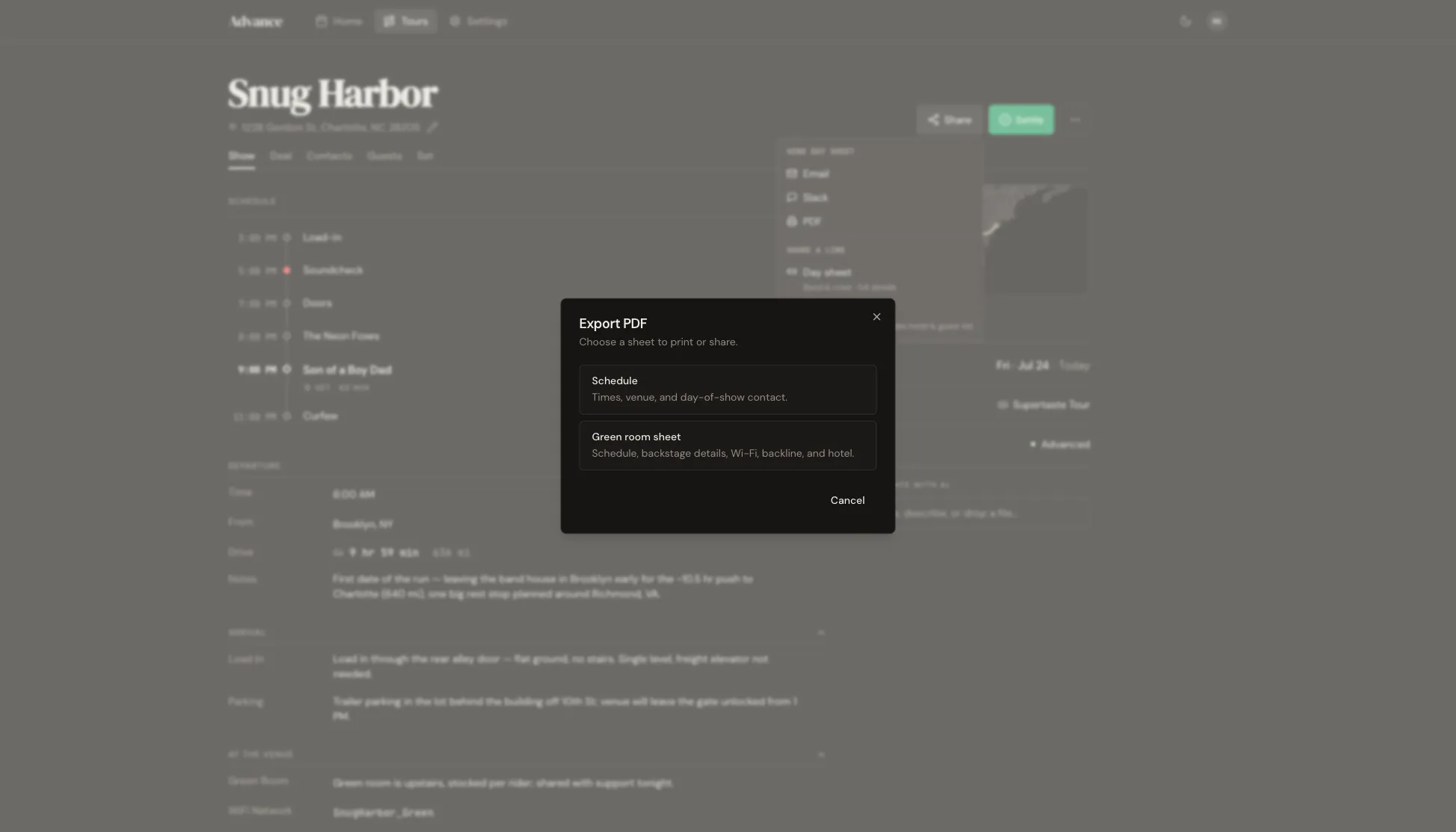 The Export PDF dialog with the Schedule and Green room sheet choices