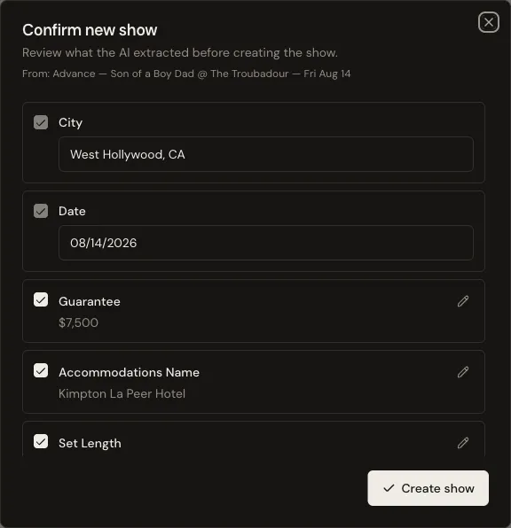 The Confirm new show checklist of AI-extracted fields