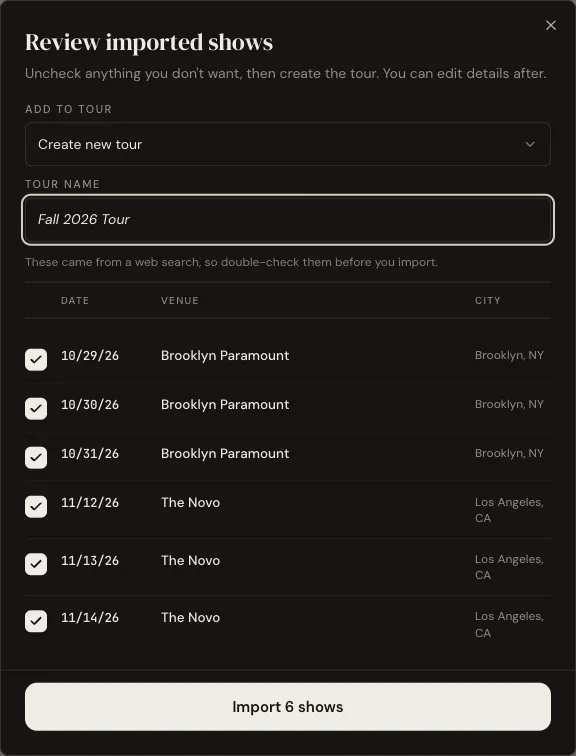The Review imported shows dialog: a checklist of dates and venues, with a Tour name field