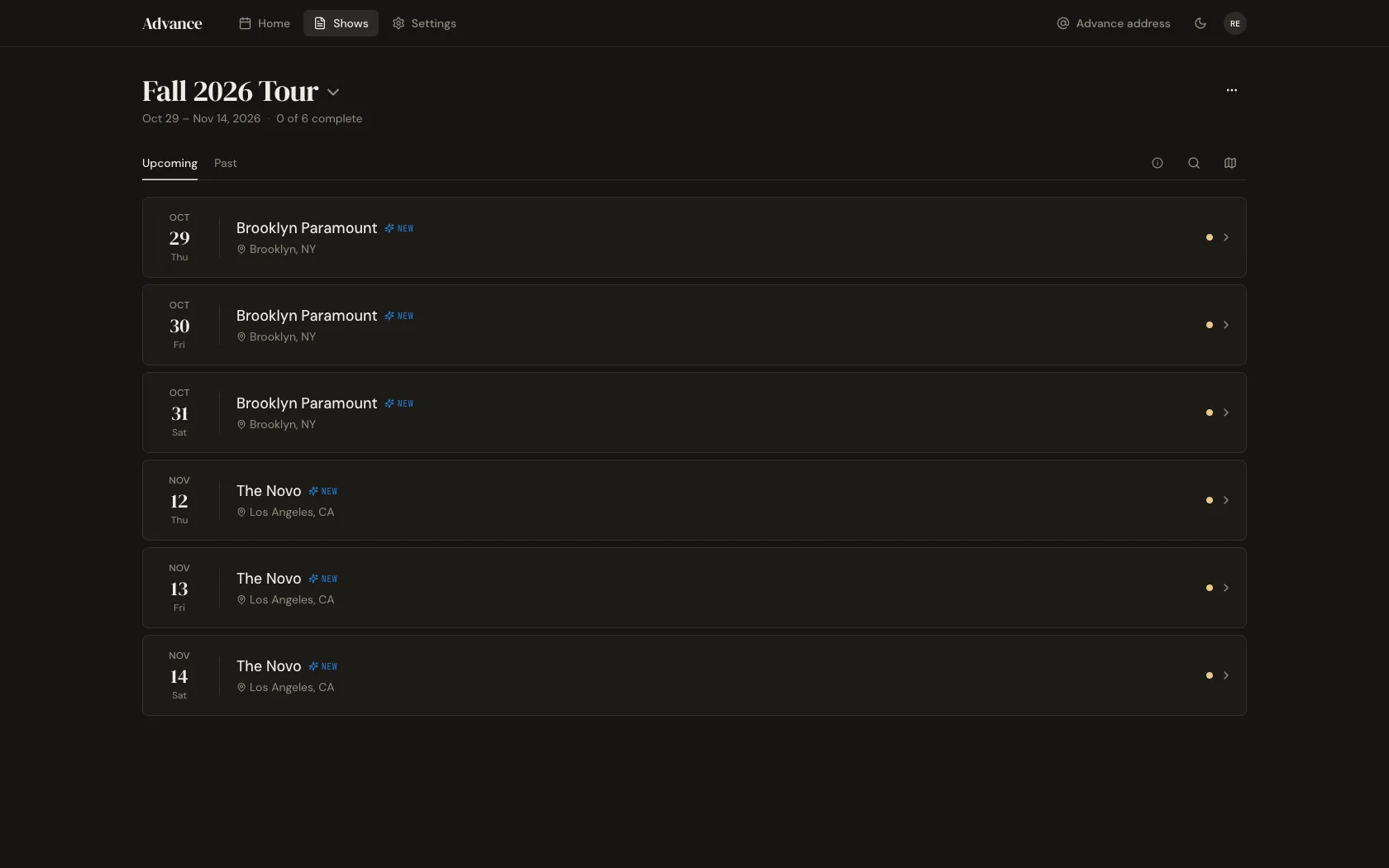 The imported run grouped as a tour, every show flagged New and not yet advanced